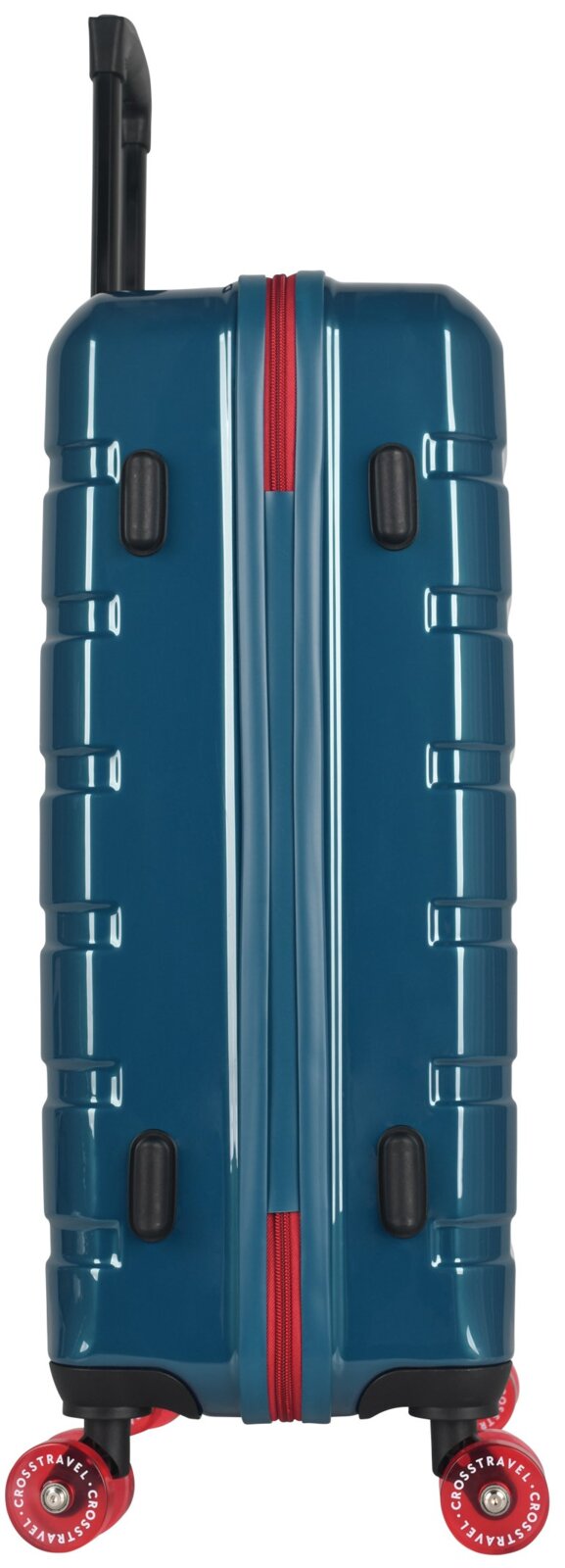 Blau hardshell rolkoffer met rood ritsdetail en rode wielen, zijaanzicht met uitschuifbare trekstang zichtbaar