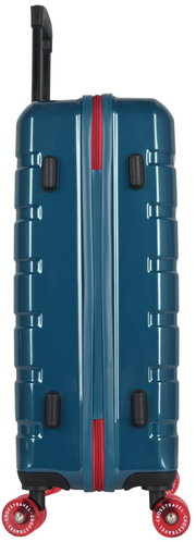 Blau hardshell rolkoffer met rood ritsdetail en rode wielen, zijaanzicht met uitschuifbare trekstang zichtbaar