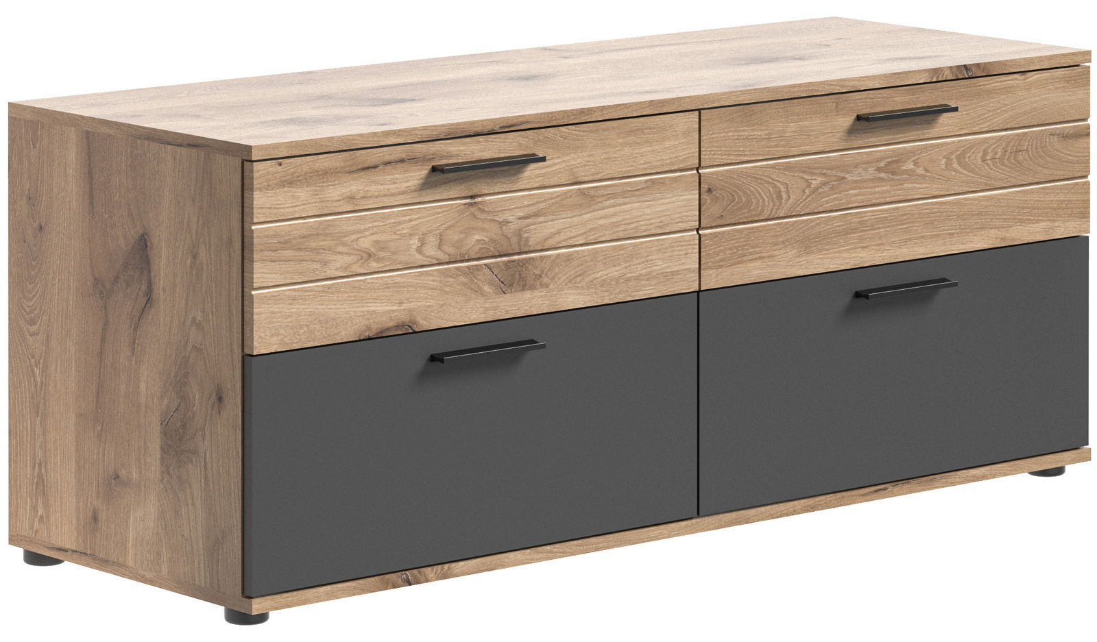 Lowboard aus Holz mit zwei Schubladen und zwei Türen in dunklem Grau, seitliche Perspektive