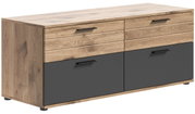 Lowboard aus Holz mit zwei Schubladen und zwei Türen in dunklem Grau, seitliche Perspektive