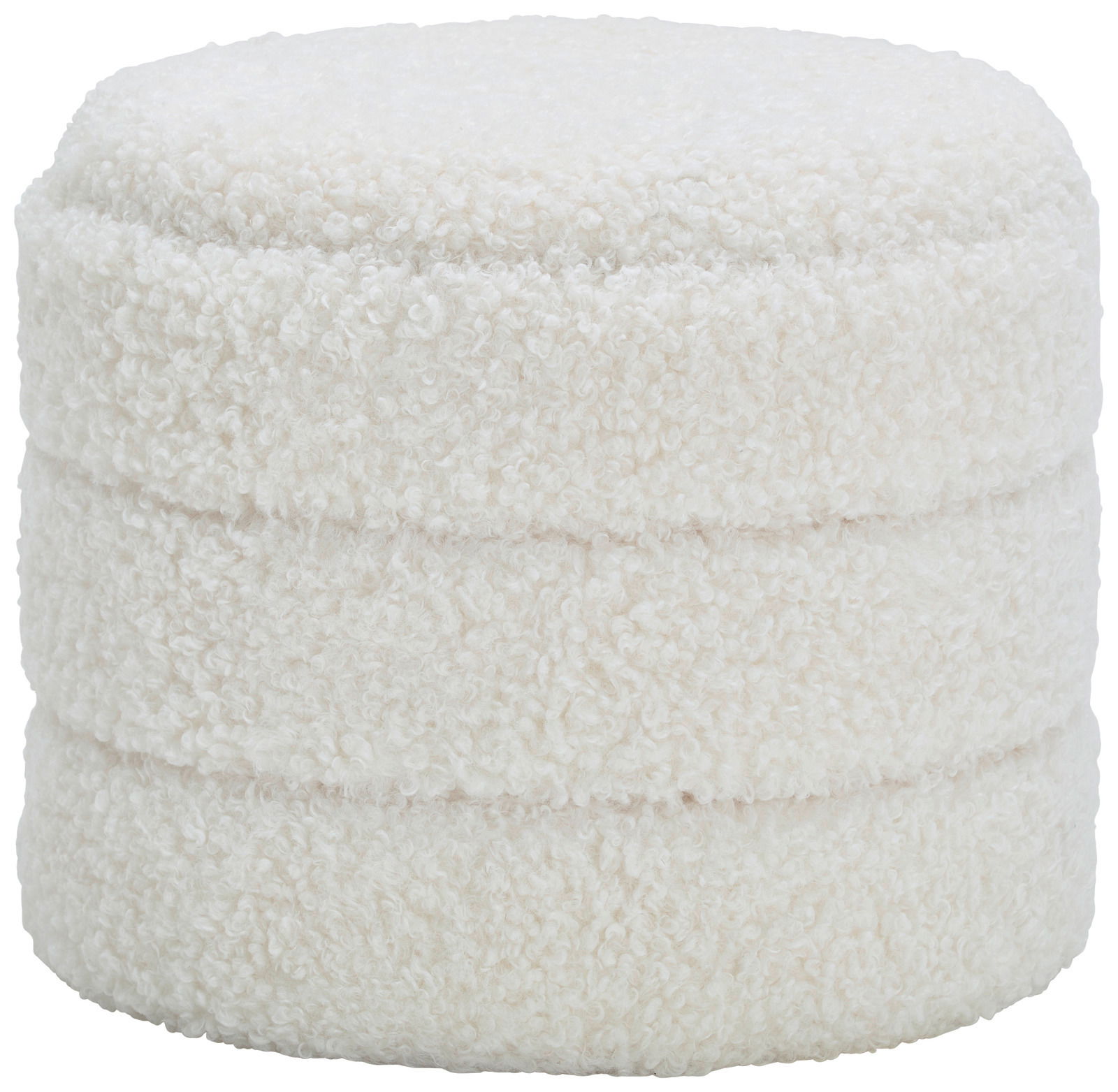 Runder, weißer Hocker mit Stauraum, aus flauschigem Material, seitliche Perspektive