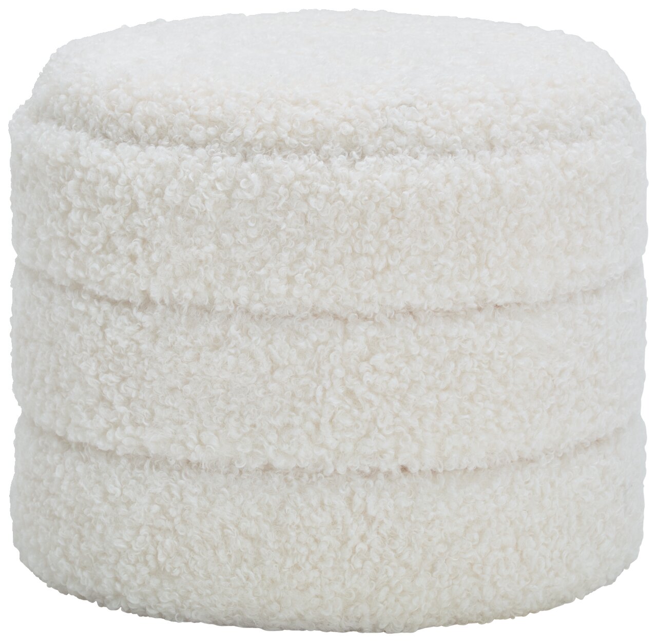 Runder, weißer Hocker mit Stauraum, aus flauschigem Material, seitliche Perspektive