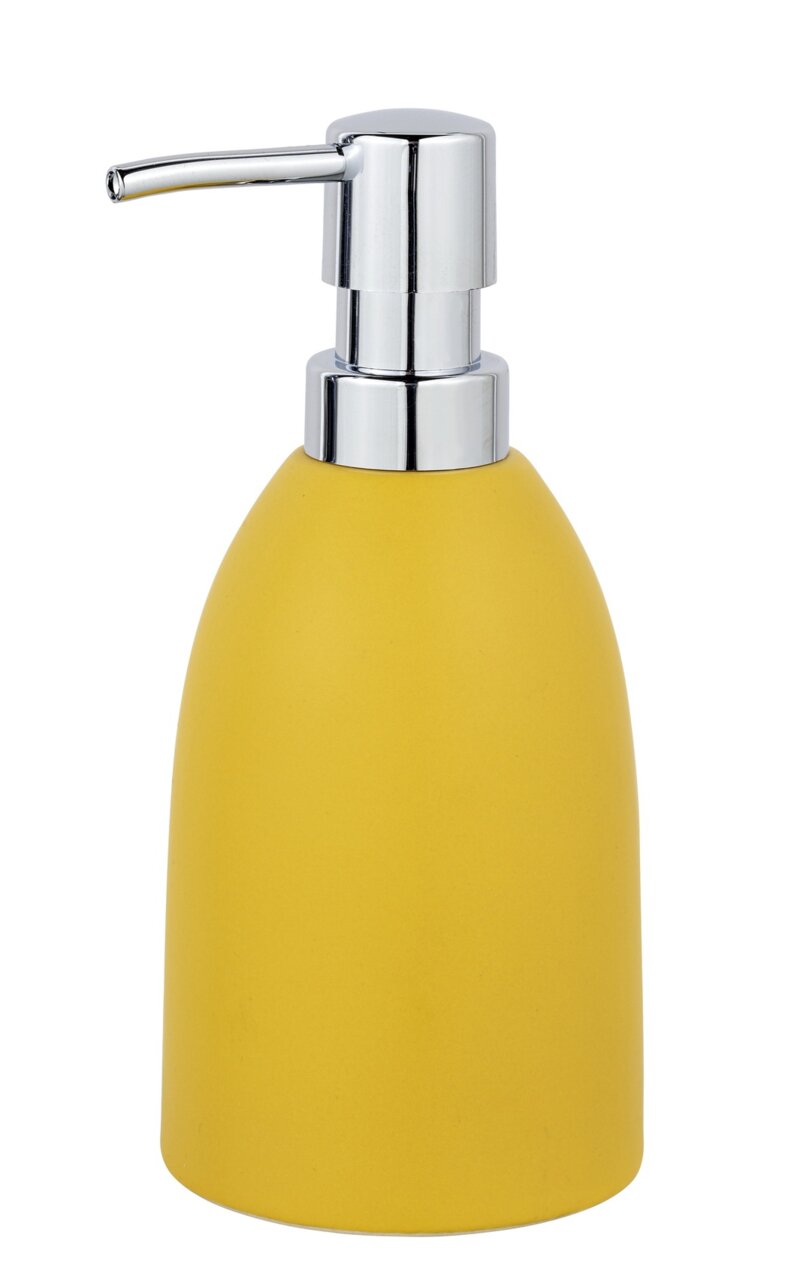 Schöner Wohnen Seifenspender FUNO Gelber Keramik Seifenspender Funo mit silbernem Pumpkopf, frontal abgebildet.