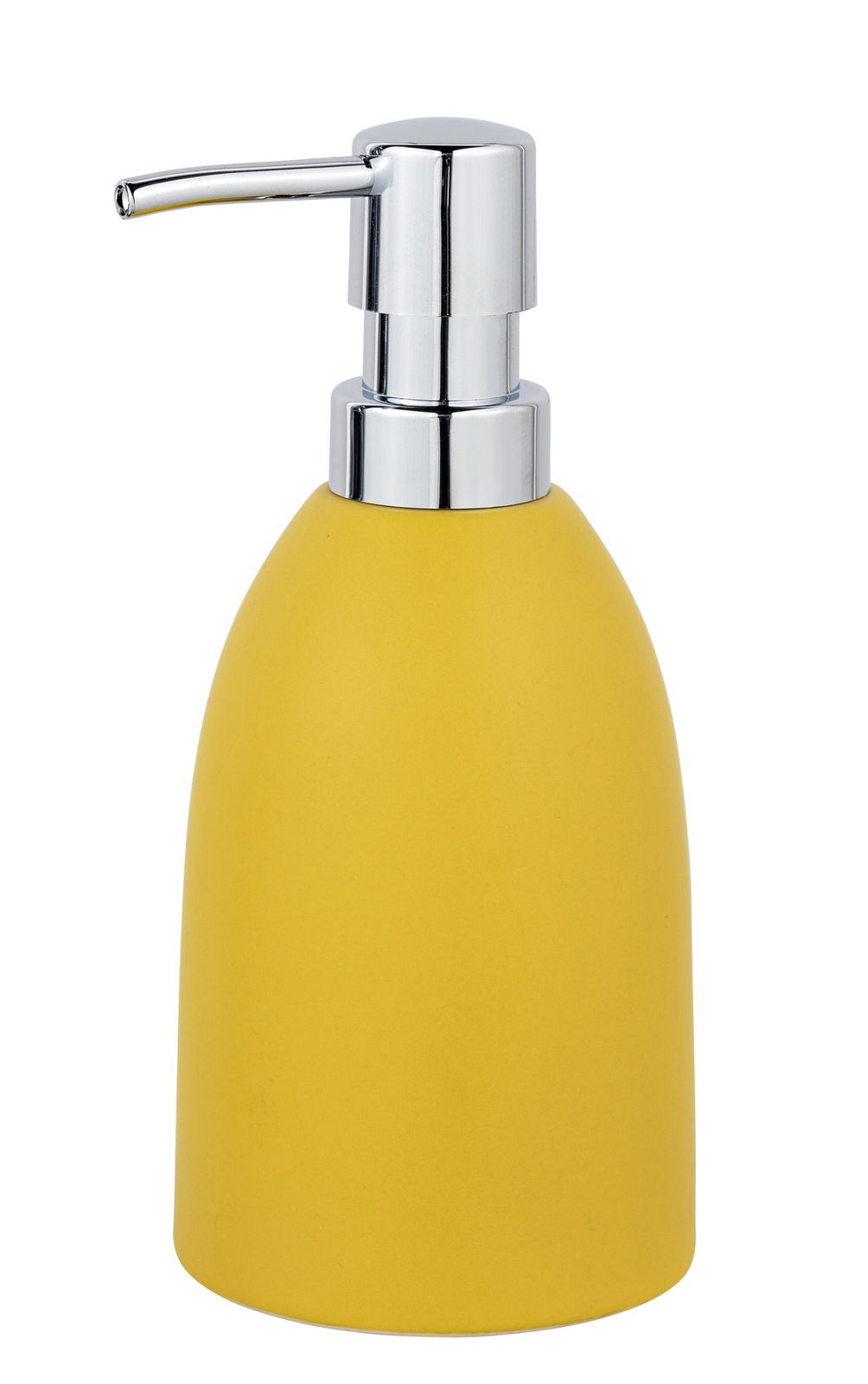 Gelber Keramik Seifenspender Funo mit silbernem Pumpkopf, frontal abgebildet.