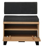 Garderobenbank aus Holz mit schwarzem Polster, geöffnete Frontansicht mit Stauraum.