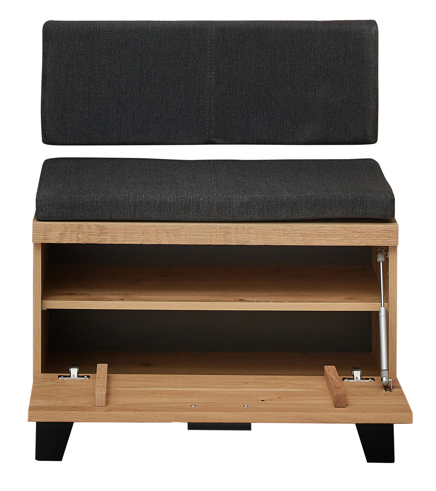 Garderobenbank aus Holz mit schwarzem Polster, geöffnete Frontansicht mit Stauraum.