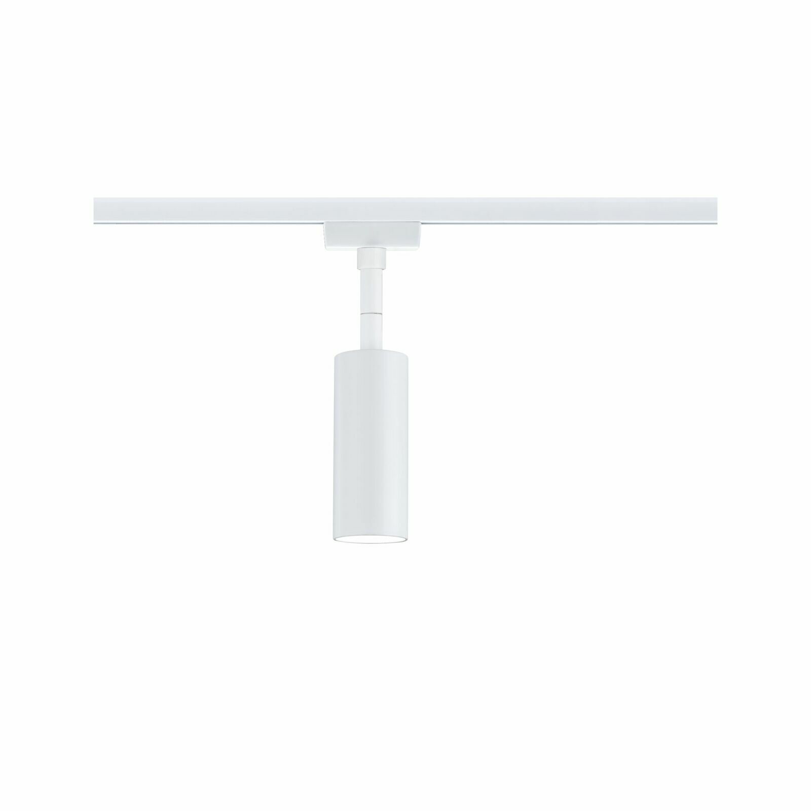 Weißer Schienenspot Tubo, zylindrische Form, seitliche Perspektive