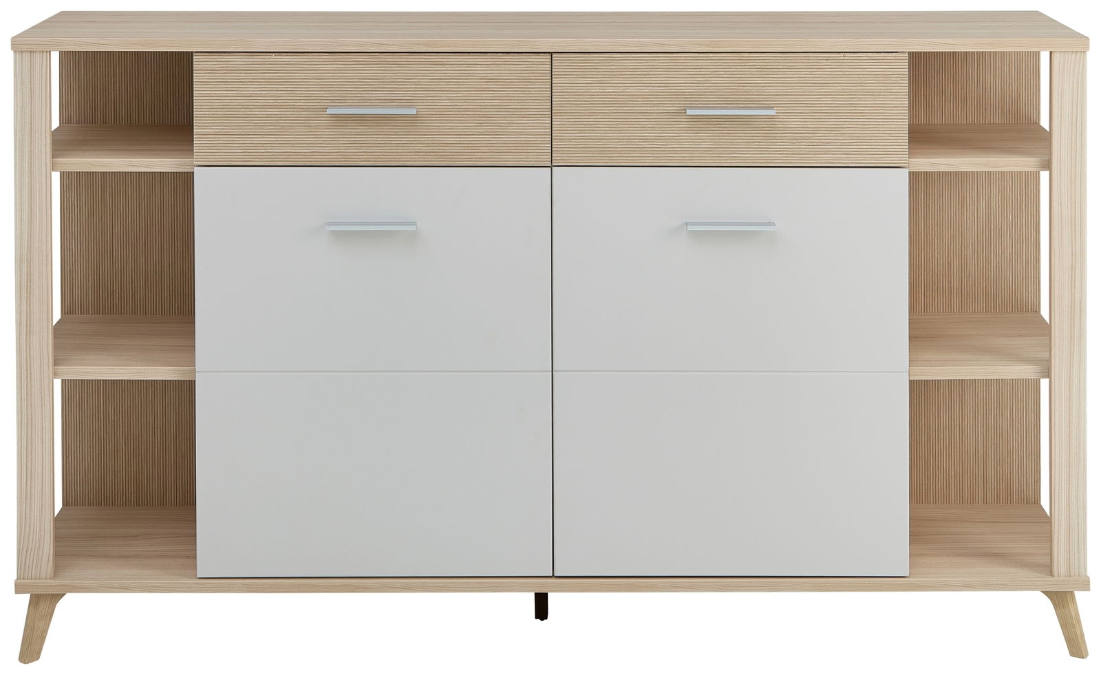 Frontansicht einer Aktenschrank-Regalkombination mit zwei Schubladen und vier Türen in Holzoptik und Weiß.