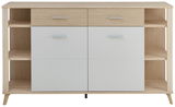 Frontansicht einer Aktenschrank-Regalkombination mit zwei Schubladen und vier Türen in Holzoptik und Weiß.