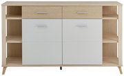 Frontansicht einer Aktenschrank-Regalkombination mit zwei Schubladen und vier Türen in Holzoptik und Weiß.