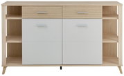 Frontansicht einer Aktenschrank-Regalkombination mit zwei Schubladen und vier Türen in Holzoptik und Weiß.