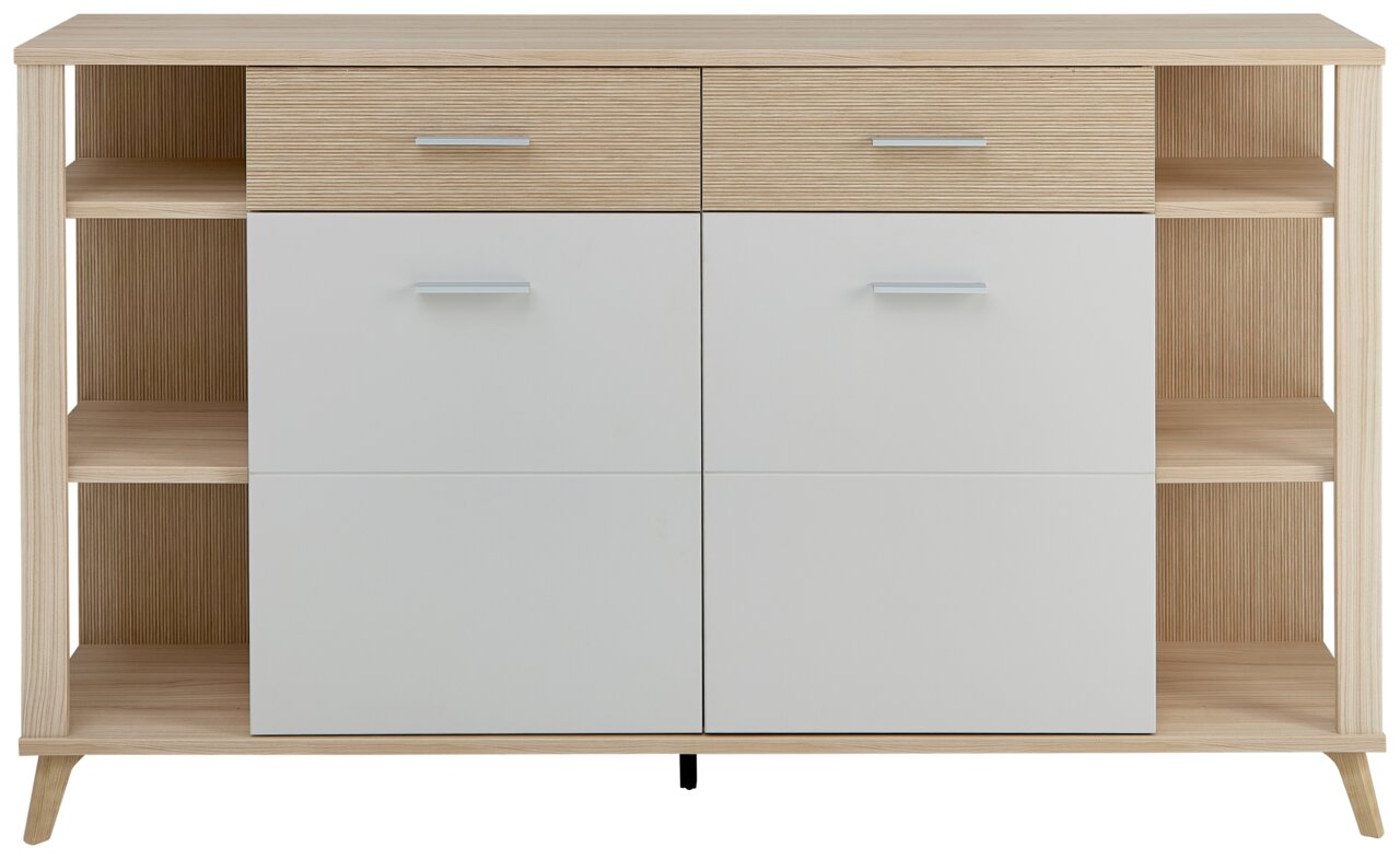 Frontansicht einer Aktenschrank-Regalkombination mit zwei Schubladen und vier Türen in Holzoptik und Weiß.