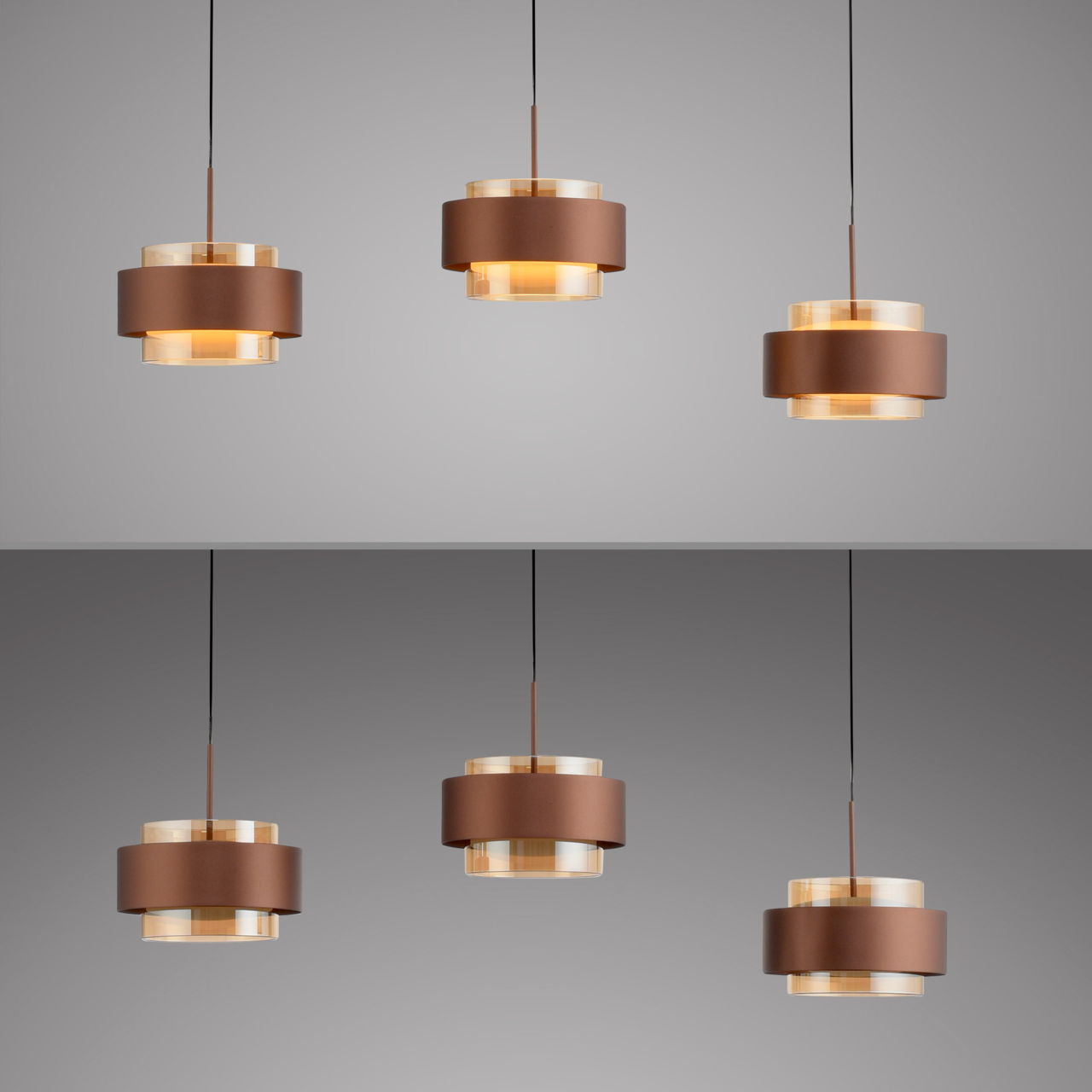 Moderne LED-Hängeleuchte in Braun und Gold, aus seitlicher Perspektive fotografiert, mit elegantem, zweistufigem Design.