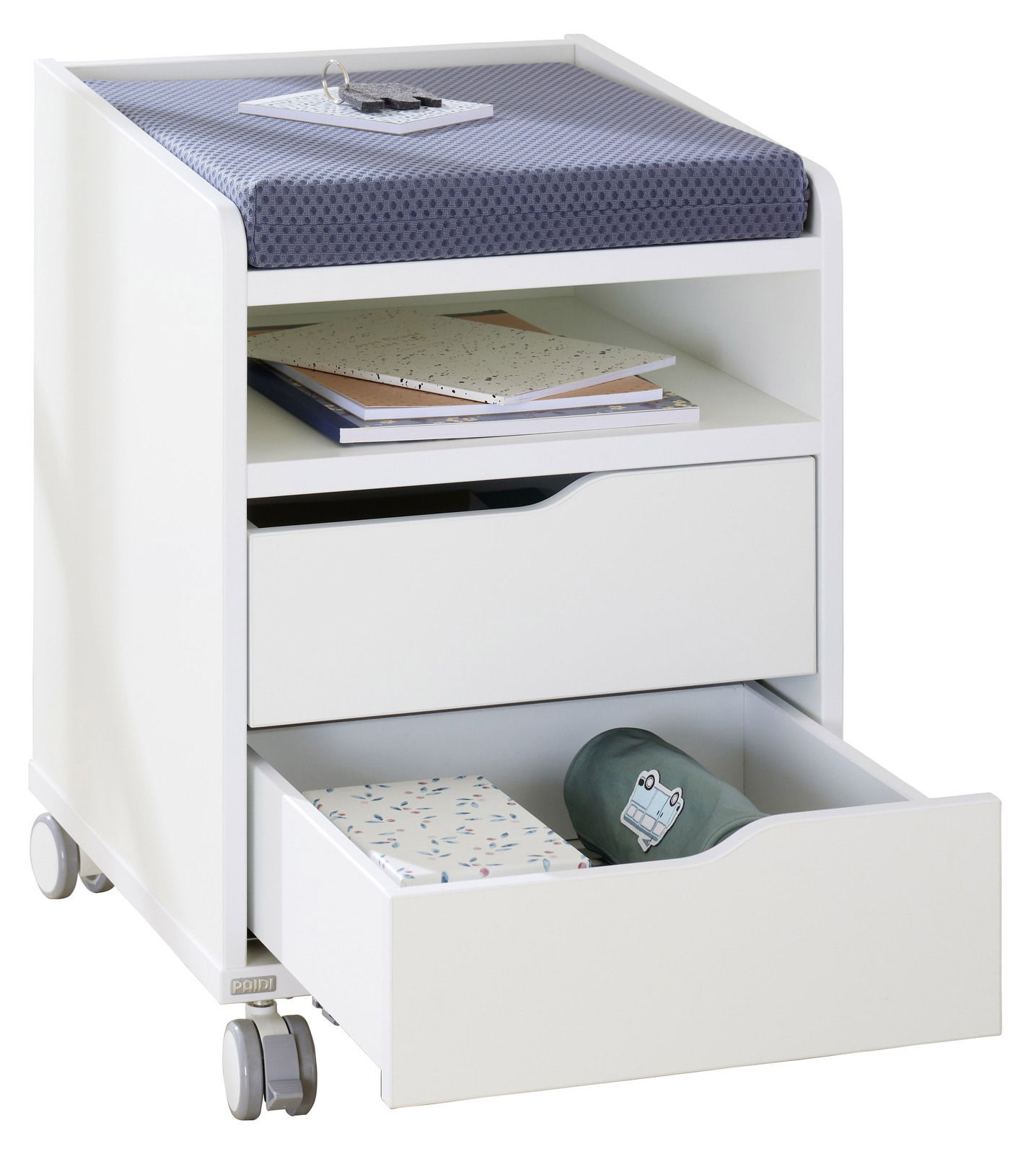 Paidi Rollcontainer MARCO2 Weißer Rollcontainer mit zwei Schubladen und einer offenen Ablage, von vorne betrachtet, auf Rollen.