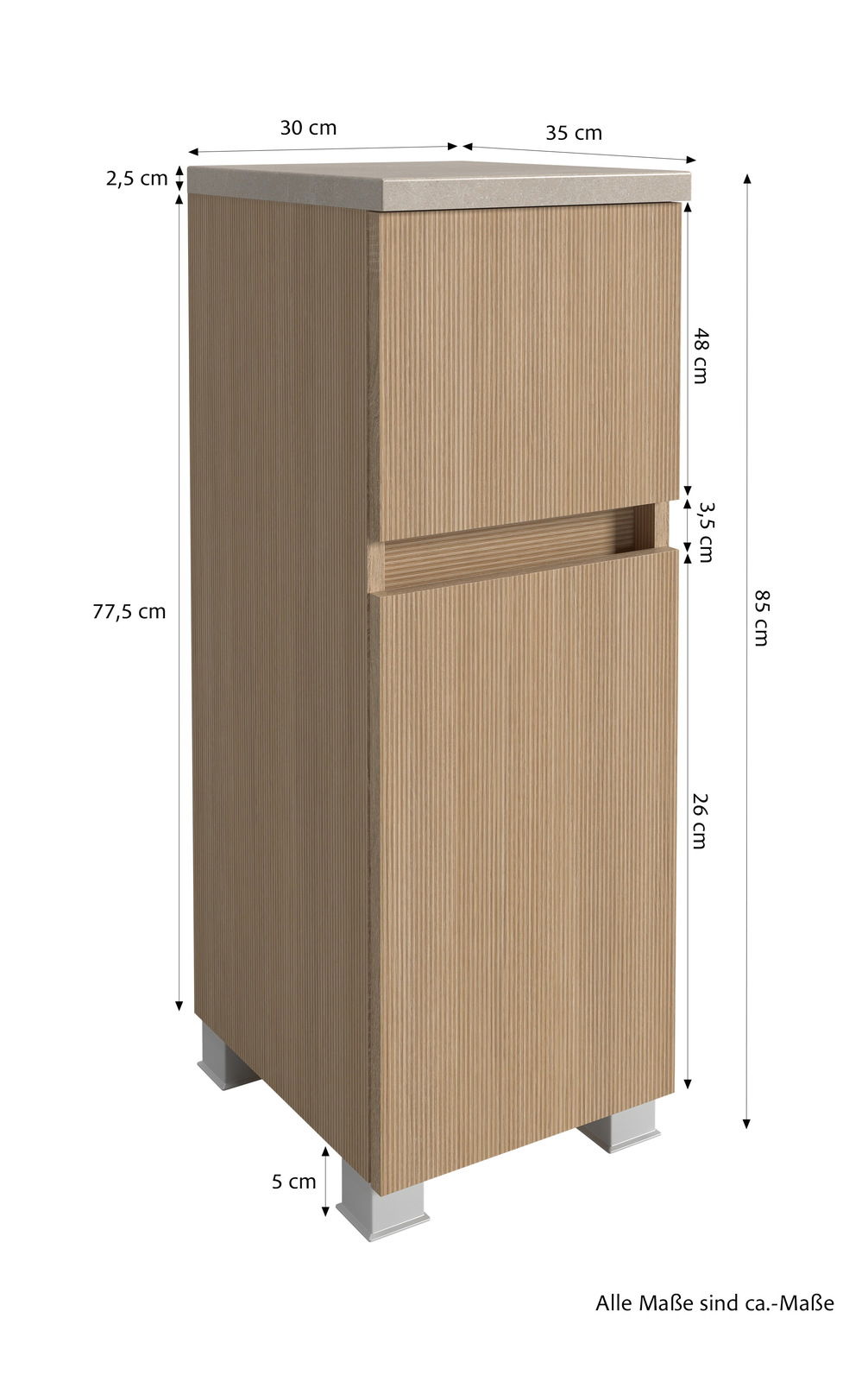 Unterschrank aus Holz mit zwei Schubladen, Ansicht von vorne links, mit Maßen in Zentimetern.
