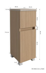 Unterschrank aus Holz mit zwei Schubladen, Ansicht von vorne links, mit Maßen in Zentimetern.