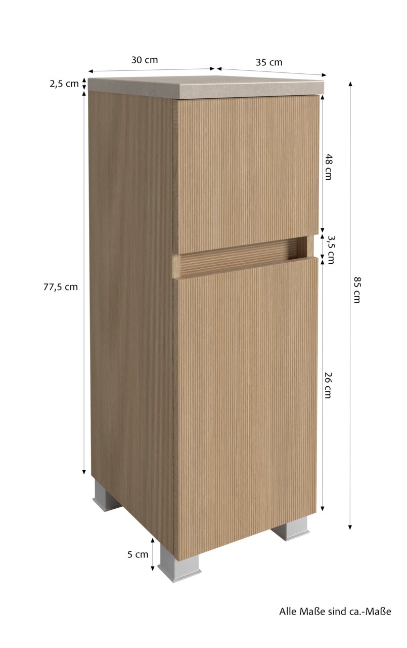Unterschrank aus Holz mit zwei Schubladen, Ansicht von vorne links, mit Maßen in Zentimetern.