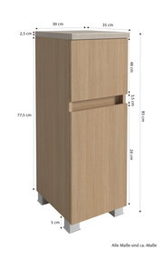 Unterschrank aus Holz mit zwei Schubladen, Ansicht von vorne links, mit Maßen in Zentimetern.
