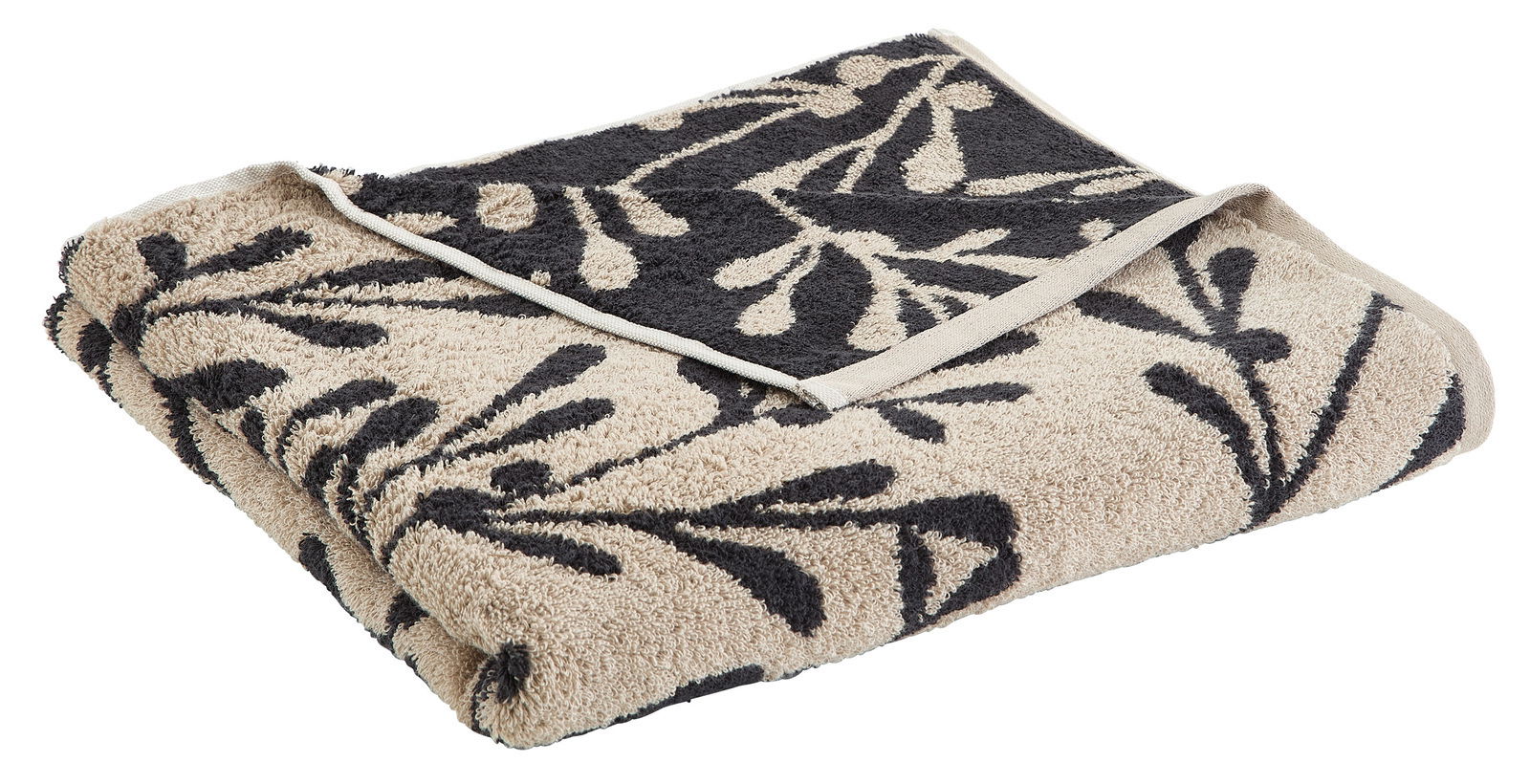 Gefaltetes Duschtuch mit floralem Muster in Beige und Schwarz, seitliche Perspektive