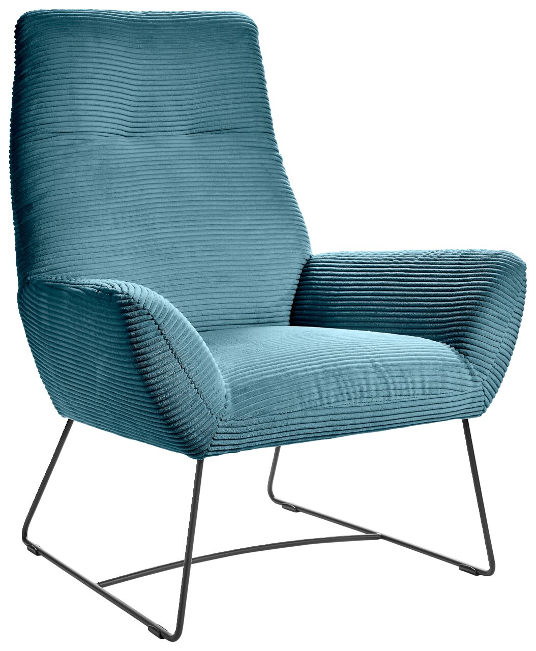 Moderne fauteuil met turquoise corduroy bekleding en metalen frame, zijaanzicht