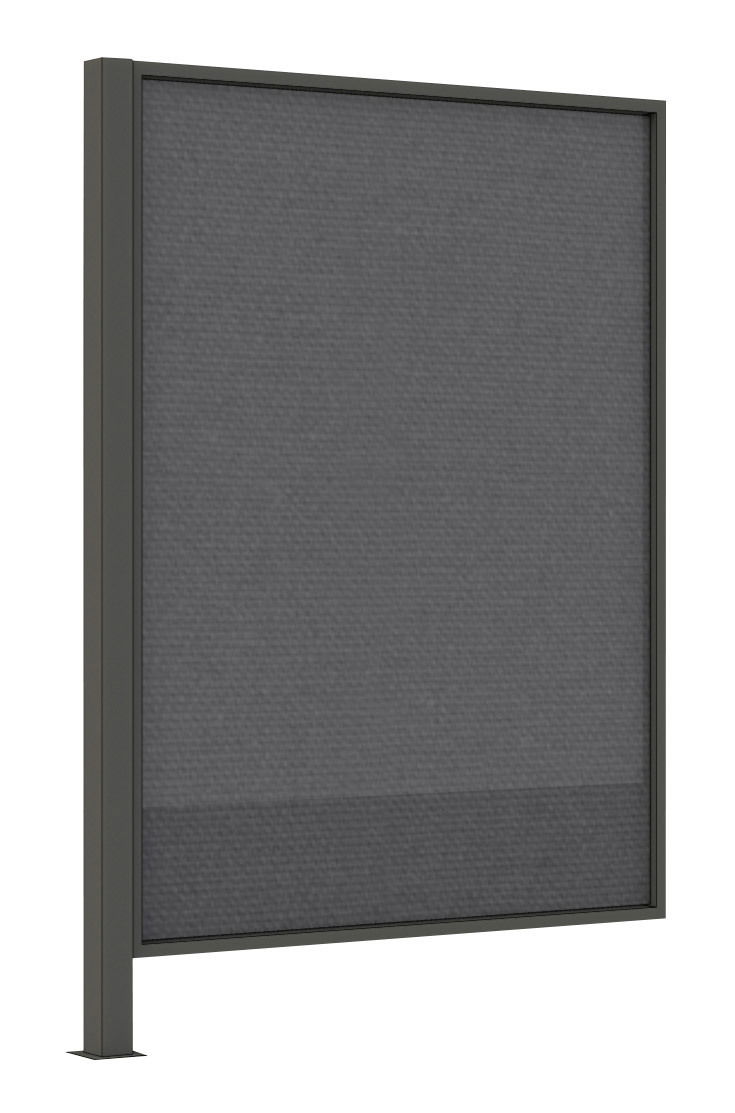 Sichtschutz aus grauem Material mit stabilem Rahmen, seitliche Perspektive