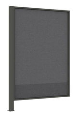 Sichtschutz aus grauem Material mit stabilem Rahmen, seitliche Perspektive