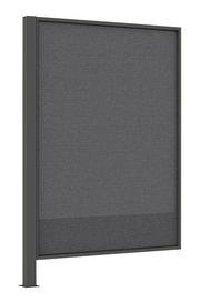 Sichtschutz aus grauem Material mit stabilem Rahmen, seitliche Perspektive
