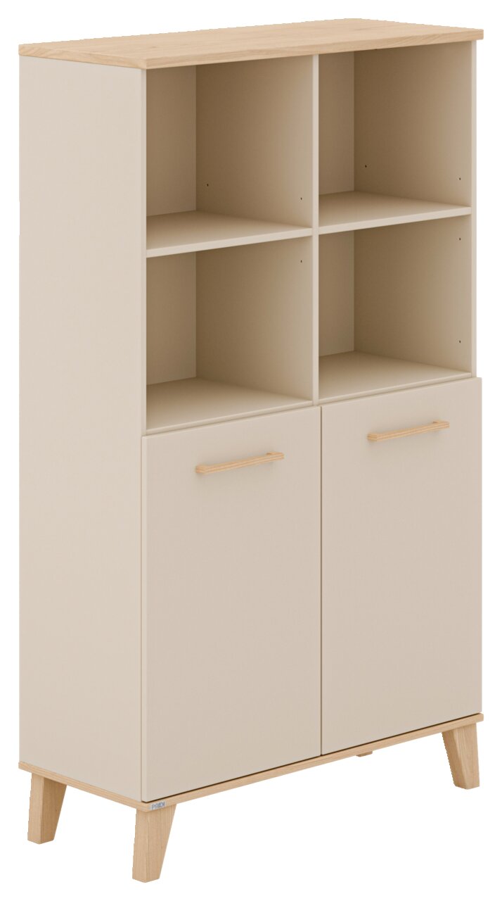 Standregal mit vier offenen Fächern und zwei Türen, aus hellem Holz, schräg von vorne fotografiert.