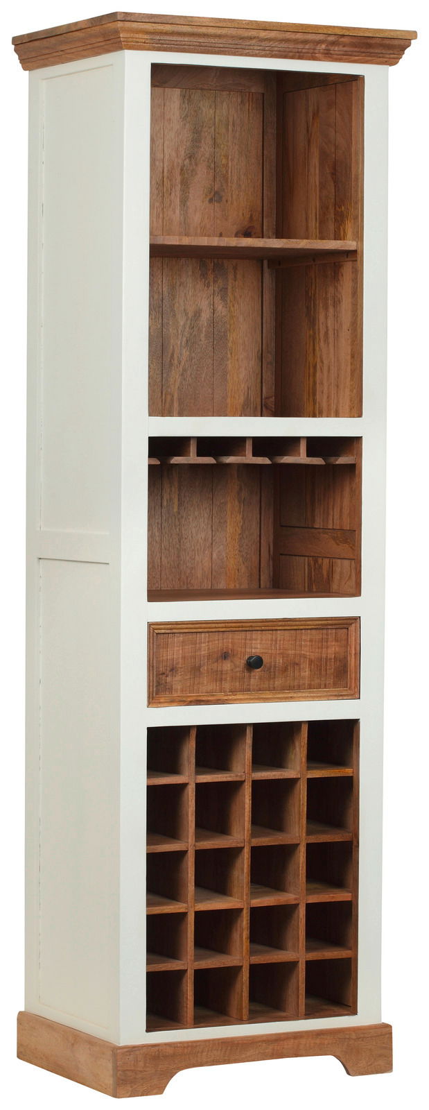 Hochformatiger Barschrank aus Holz mit weißem Korpus und naturbelassenen Holzelementen, inklusive Regalfächern, Schublade und Weinregal, seitliche Perspektive.