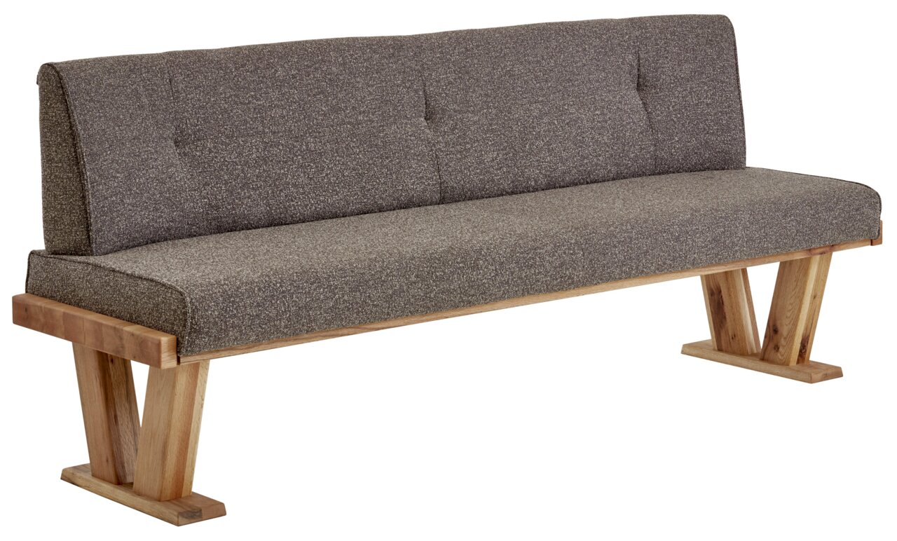 Graue Polsterbank mit Holzgestell, seitliche Perspektive