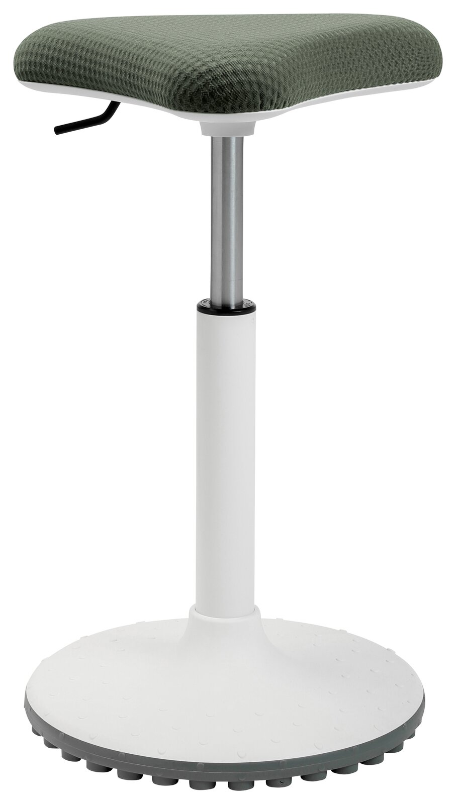 Moderner Schwinghocker mit grünem Sitzpolster und weißem Standfuß, seitliche Perspektive