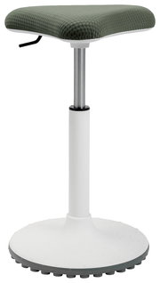 Moderner Schwinghocker mit grünem Sitzpolster und weißem Standfuß, seitliche Perspektive