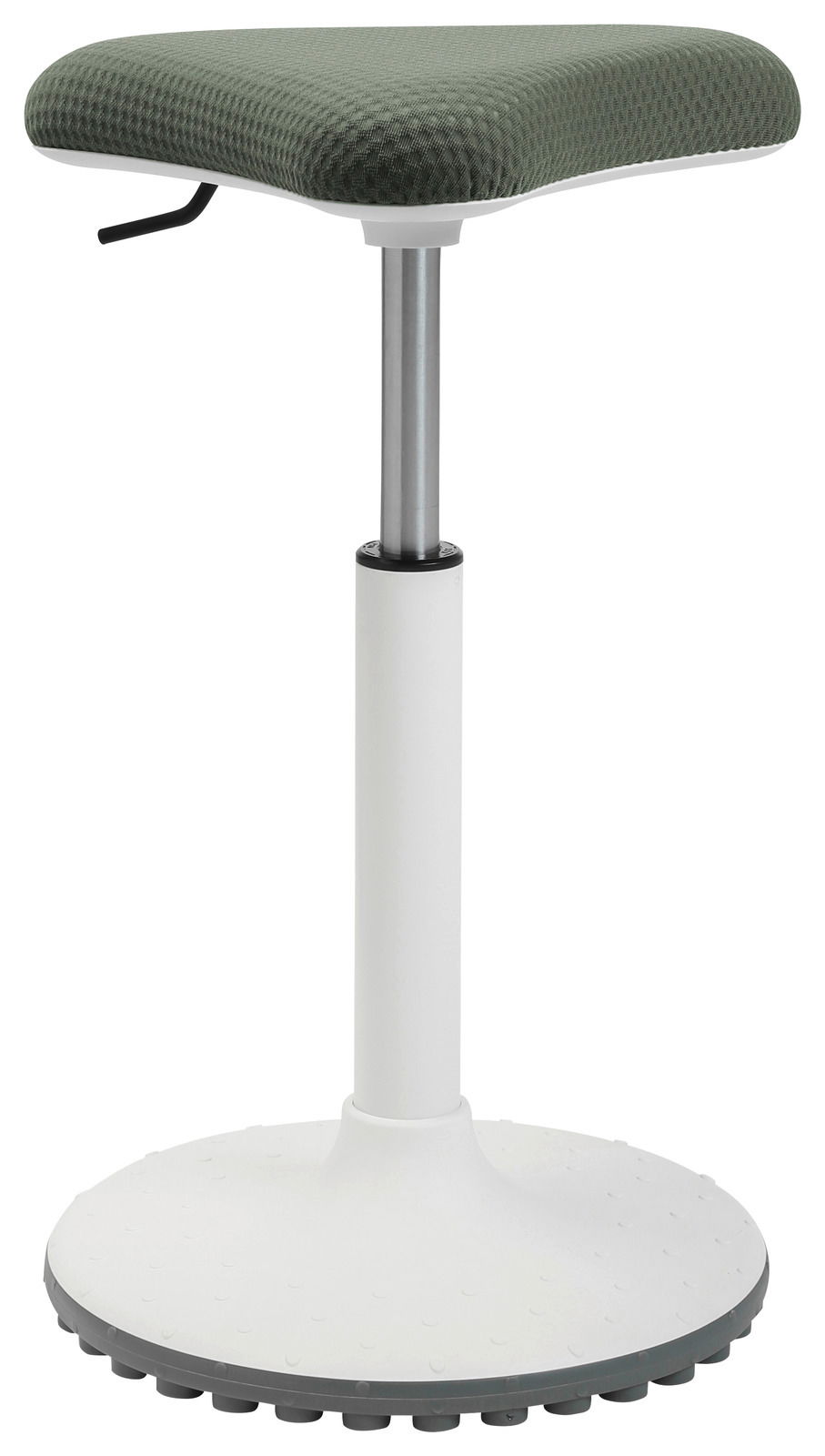 Sitness Schwinghocker / Stehhilfe UP3 Moderner Schwinghocker mit grünem Sitzpolster und weißem Standfuß, seitliche Perspektive