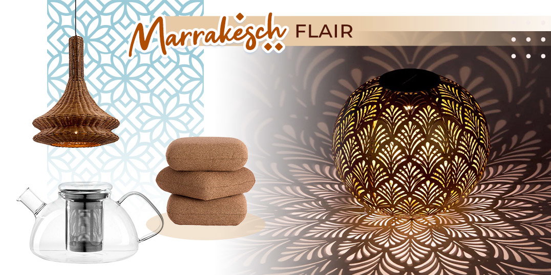 Marrakesch-Flair mit Rattanleuchte, Glasteekanne, braunen Handtüchern und orientalischer Dekoleuchte.