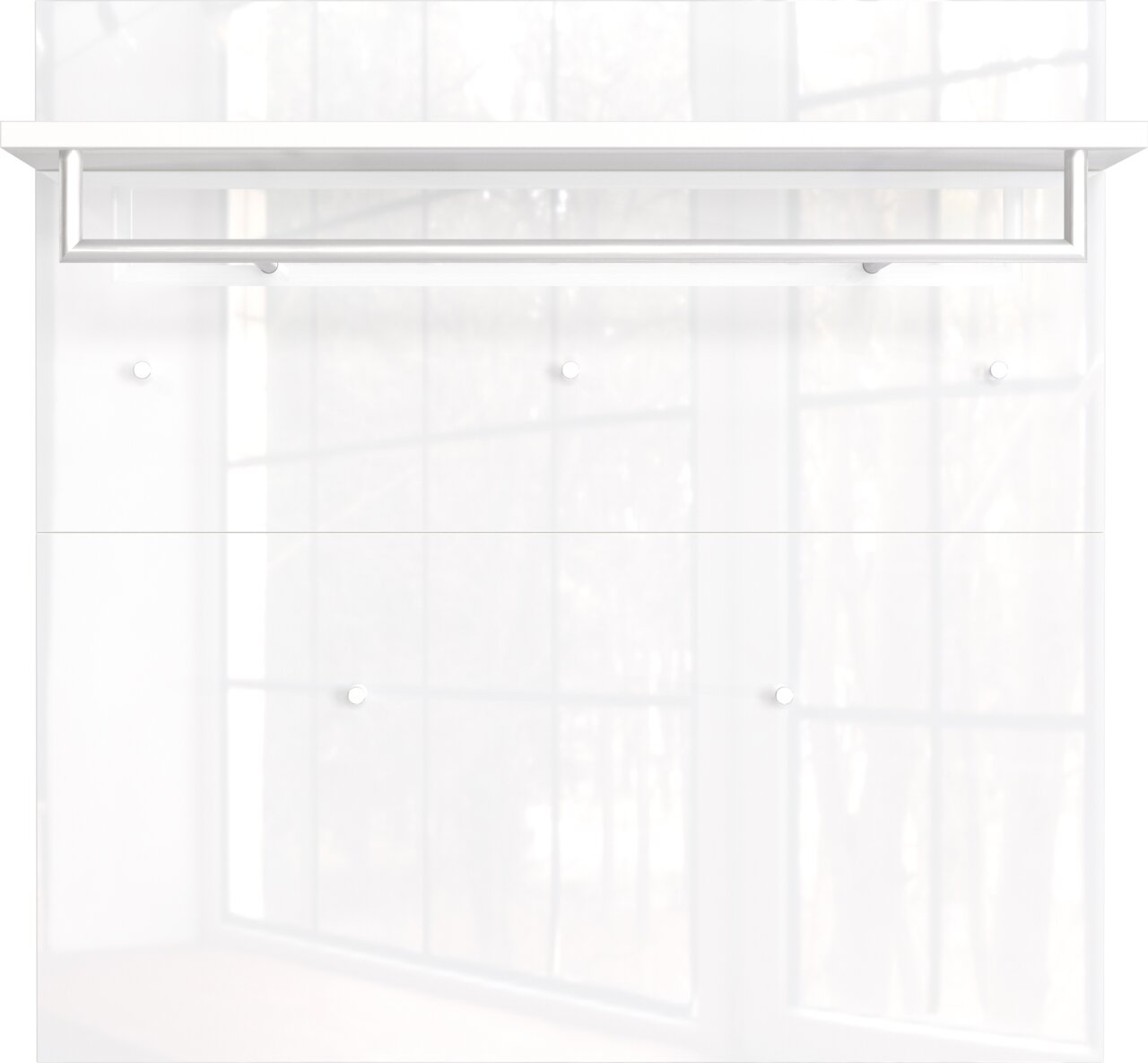 Garderobenpaneel in weißer Farbe mit mehreren Haken und einer Ablage, frontal abgebildet.