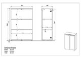 Zeichnung eines Aktenschranks mit zwei Türen, Vorder- und Seitenansicht, Maße: Breite 80 cm, Höhe 120 cm, Tiefe 40 cm.