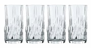 Vier Longdrinkbecher Shu Fa mit elegantem, vertikalem Schliffmuster, frontal abgebildet.