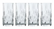Vier Shu Fa-longdrinkglazen met een elegant, verticaal geslepen patroon, afgebeeld van voren.
