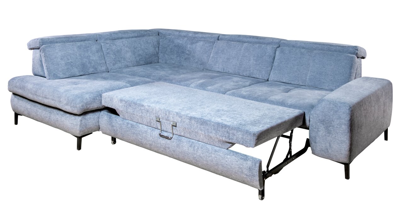 Blaue Eckcouch mit ausziehbarem Bett, Perspektive von vorne links