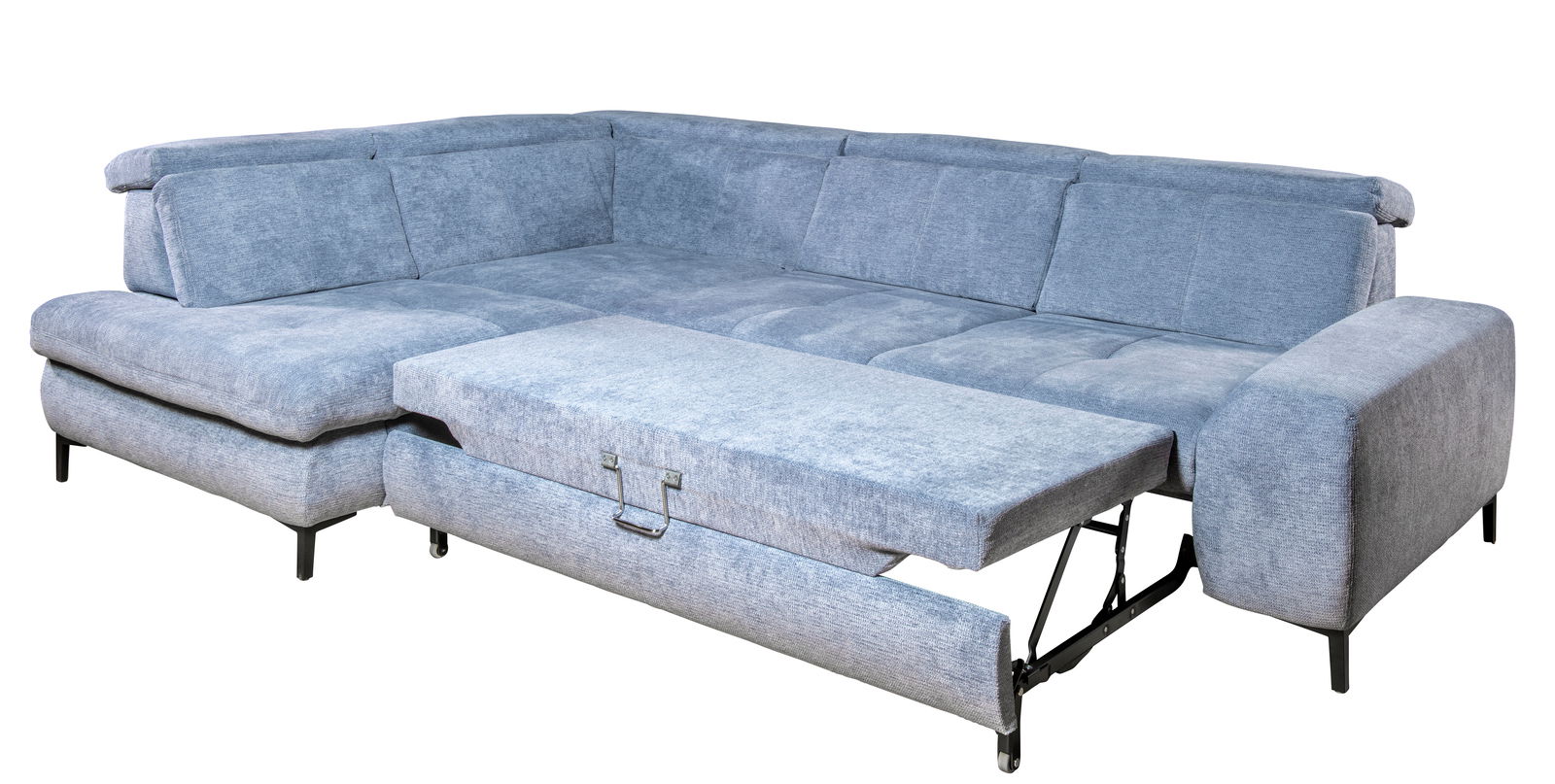 Blaue Eckcouch mit ausziehbarem Bett, Perspektive von vorne links