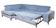 Blaue Eckcouch mit ausziehbarem Bett, Perspektive von vorne links