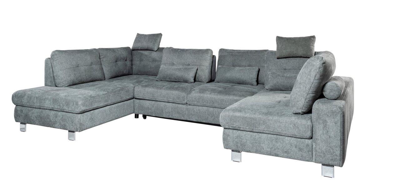 Graues Ecksofa in U-Form mit mehreren Kissen, Perspektive von vorne rechts