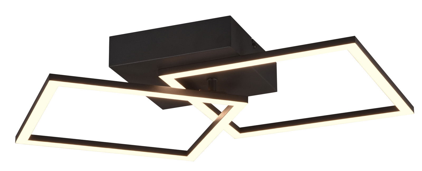 Moderne Deckenleuchte Trail mit zwei überlappenden, leuchtenden Quadraten aus seitlicher Perspektive.