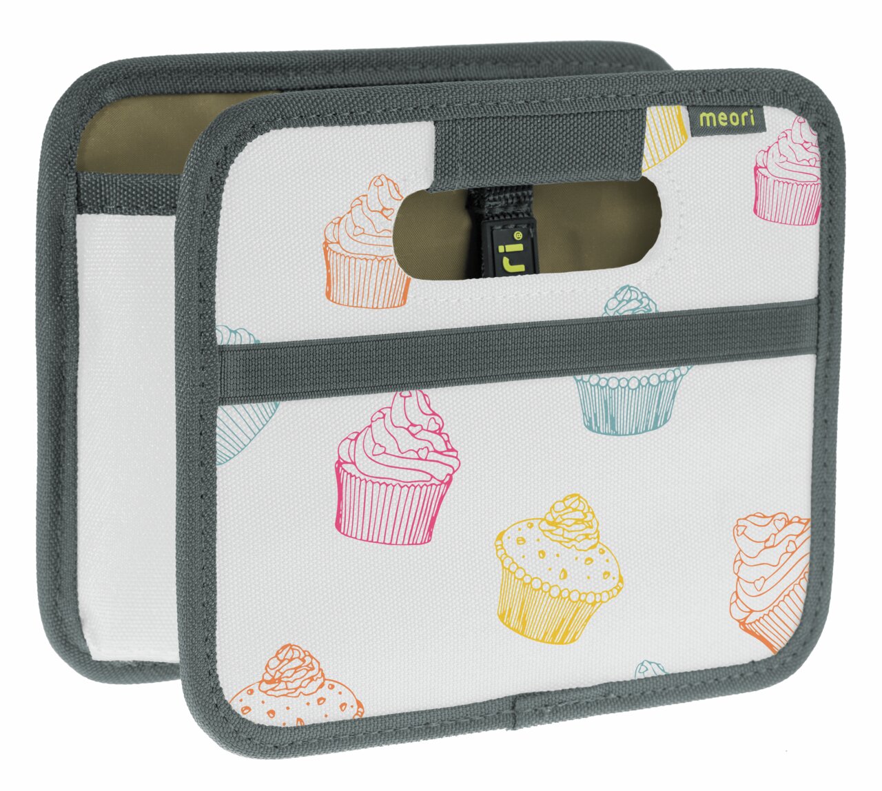 Faltbox Mini mit buntem Cupcake-Muster, seitliche Perspektive