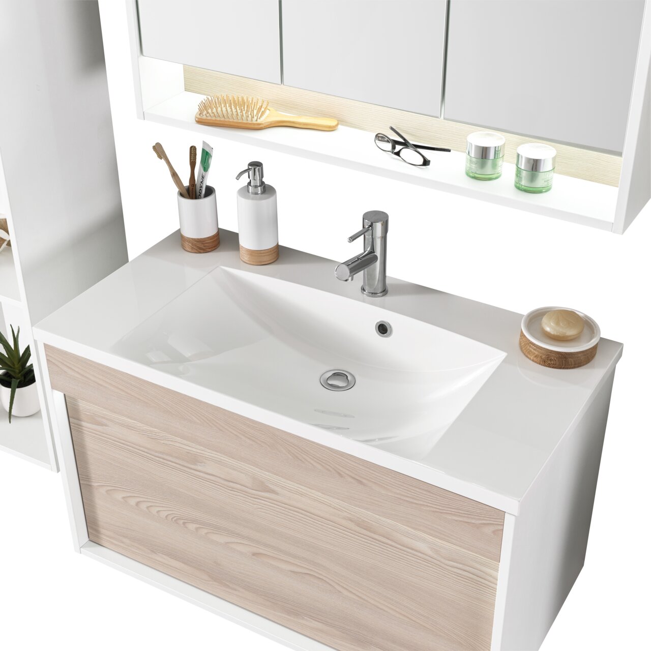 Voleo Waschplatz FREYA Moderner Waschplatz mit weißem Waschbecken und Holzschublade, von oben fotografiert.