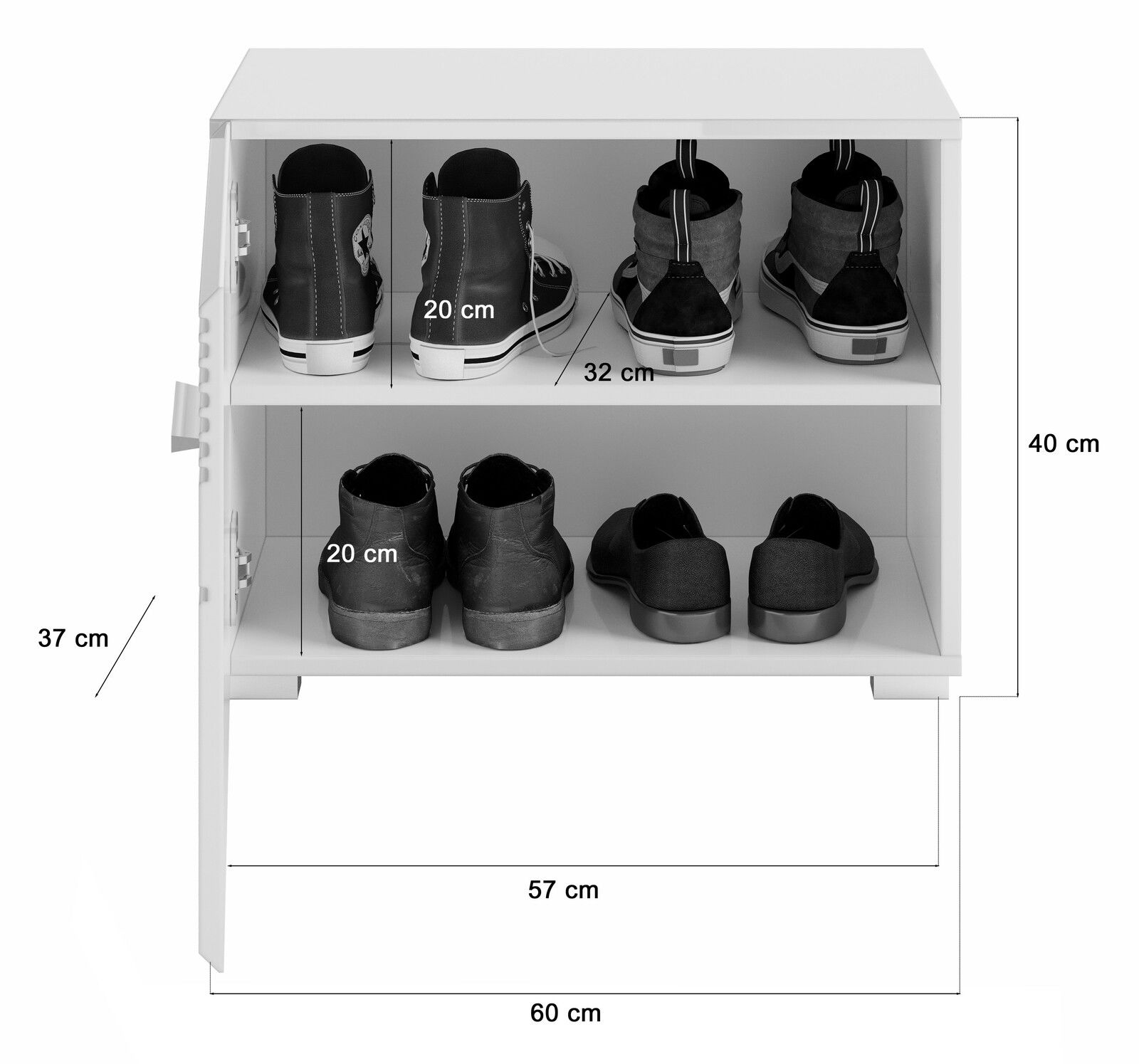 Frontansicht eines weißen Schuhregals mit zwei Ebenen, gefüllt mit verschiedenen Schuhen. Maße: 60 cm Breite, 40 cm Höhe, 37 cm Tiefe.