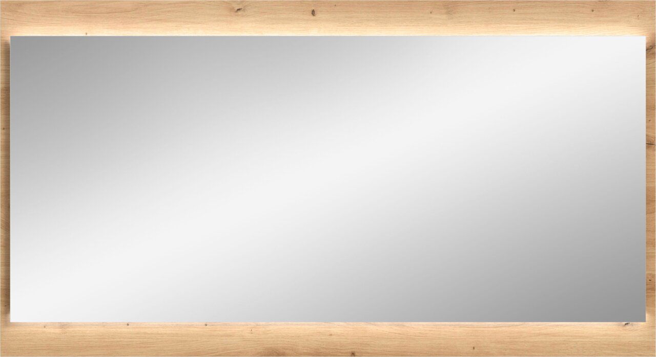 Rechteckiger Wandspiegel mit hellem Holzrahmen, frontal von vorn fotografiert