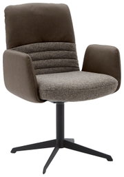 Moderne fauteuil met bruine stoffen bekleding en een zwart metalen frame, zijaanzicht