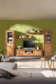 Wohnzimmermöbel-Set aus Holz mit TV-Tisch, Vitrinen und Wandregalen, frontal fotografiert vor einer grünen Wand.