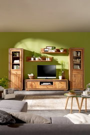 Houten woonkamermeubelset met tv-meubel, vitrinekasten en wandplanken, gefotografeerd van voren tegen een groene muur.